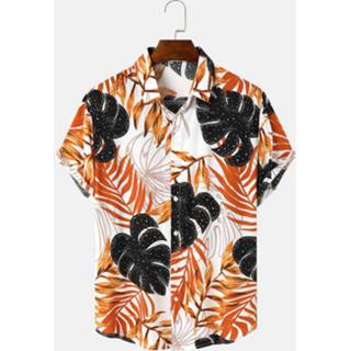 👉 Shirts korte mouw cotton s male wit Mens Tropical Leaves Curved Hem Short Sleeve