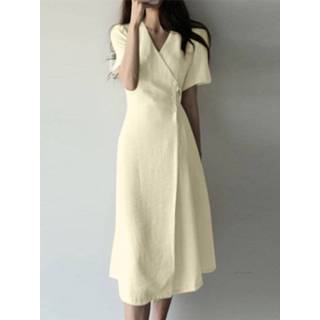 👉 Short sleeve polyester s vrouwen zwart Solid Wrap V-neck Button Side Casual Dress
