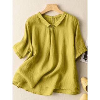 👉 Short sleeve polyester s vrouwen wit Women Solid Loose Lapel Casual Blouse