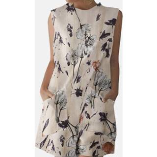 👉 Sleeveless cotton s vrouwen beige Plant Print Pocket Round Neck Romper