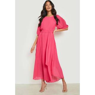 👉 Midi jurk roze Hot Pink Geplooide Met Pofmouwen,