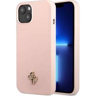 👉 Siliconen hoesje roze metalen Guess 4G Logo iPhone 13 - 3666339041205