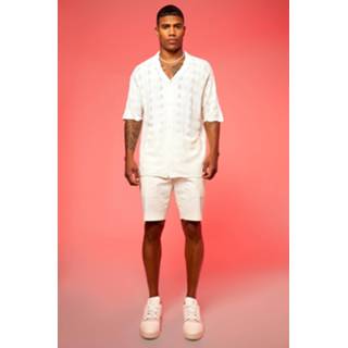Gebreid Overhemd Met Korte Mouwen En Open Stiksels, Cream