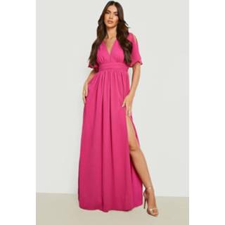 👉 Chiffon Maxi Jurk Met Laag Decolleté En Ruches, Hot Pink