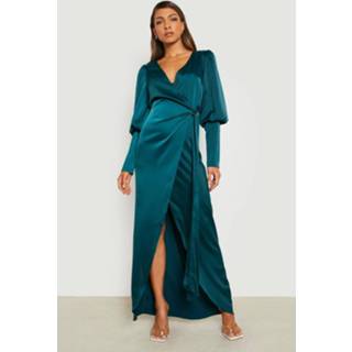 👉 Satijnen Maxi Wikkel Jurk Met Pofmouwen, Emerald