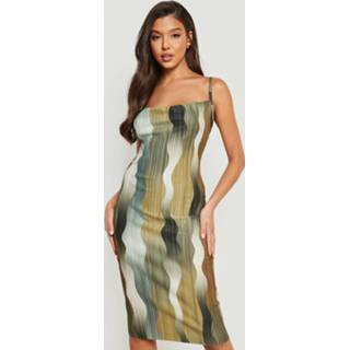 👉 Plisse Midi Jurk Met Print En Waterval Hals, Olive