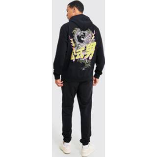 👉 Tall Dragon Trainingspak Met Capuchon En Vlammen Print, Black