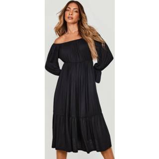 👉 Off Shoulder Midi Jurk Met Geplooide Cups, Black