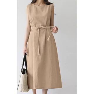👉 Sleeveless cotton s vrouwen marine Solid A-line Crew Neck Midi Dress With Belt