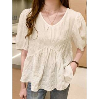 👉 Short sleeve polyester s vrouwen wit Textured Solid V-neck Casual Women Blouse