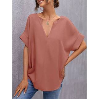 👉 Short sleeve polyester s vrouwen zwart Solid V Neck Loose Casual Blouse