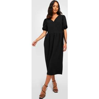 👉 Wikkel Jurk Met Textuur En Pofmouwen, Black