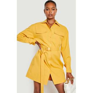 👉 Tall Cargo Blouse Jurk Met Utility Zakken En Ceintuur, Mustard