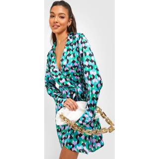 👉 Geo Print Blouse Jurk Met Ceintuur, Green