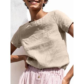 Solid Short Sleeve Keyhole Back Crew Neck Blouse cotton s vrouwen roze Short sleeve cotton s vrouwen roze Solid Keyhole Back Crew Neck Blouse
