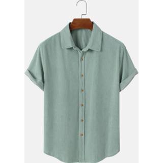 👉 Shirts korte mouw polyester s male zwart Mens Corduroy Solid Color Button Up Daily Short Sleeve