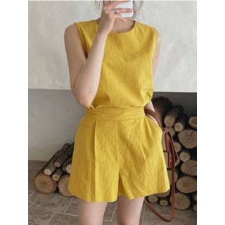 👉 Sleeveless polyester s vrouwen rose Solid Pocket Crew Neck Casual Two Pieces Suit