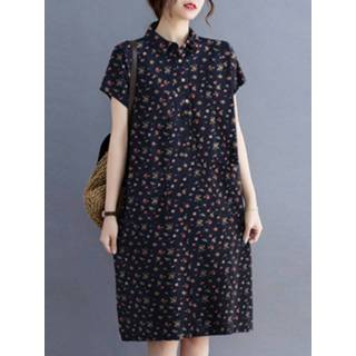 👉 Short sleeve cotton s vrouwen rood Calico Button Pocket Casual Midi Dress