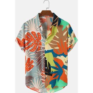 👉 Shirts korte mouw polyester s male Multi Color Mens Colorful Tropical Leaf Print Stitching Short Sleeve