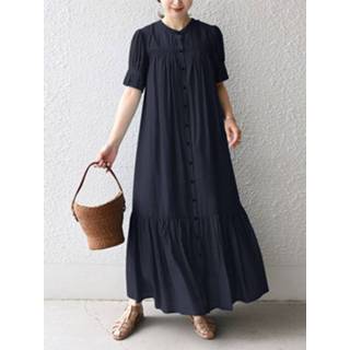👉 Short sleeve polyester s vrouwen marine Solid Button Front Ruched Crew Neck Maxi Dress