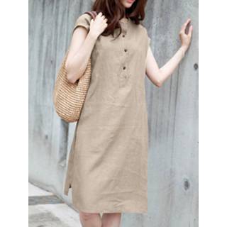 👉 Short sleeve cotton s vrouwen marine Solid Button Crew Neck Dress With Belt