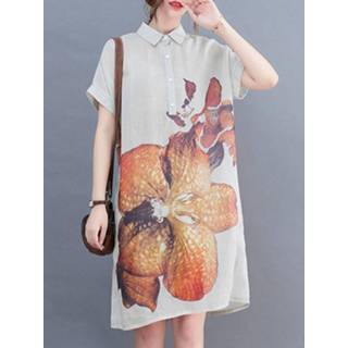 👉 Shirts korte mouw polyester s vrouwen zwart Flower Print Pocket Button Front Lapel Short Sleeve Shirt Dress