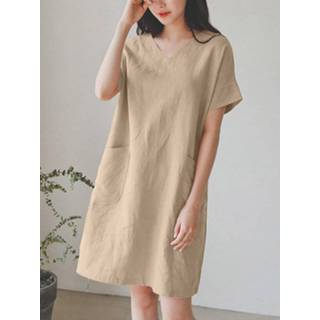 👉 Short sleeve cotton s vrouwen geel Solid Dual Pocket V-neck Casual Dress