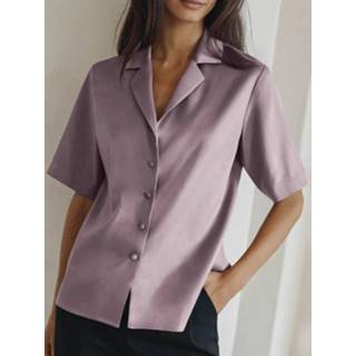 👉 Short sleeve polyester s vrouwen zwart Satin Solid Button Front Lapel Blouse