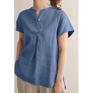 👉 Short sleeve cotton s vrouwen wit Solid Slit Crew Neck Casual Loose Blouse