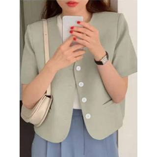 👉 Short sleeve polyester s vrouwen zwart Women Solid Button Pocket V-neck Blazer