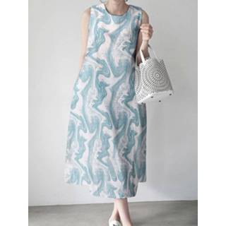 👉 Sleeveless polyester s vrouwen donkergroen Wave Pattern Round Neck Print Dress