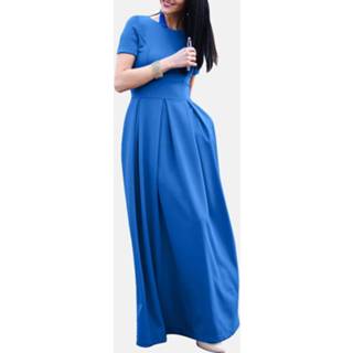 👉 Short sleeve polyester s vrouwen zwart Solid Pocket Crew Neck Maxi Dress