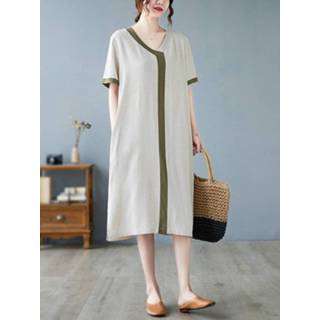 👉 Short sleeve polyester s vrouwen marine Contrast Loose Pocket V-neck Casual Dress