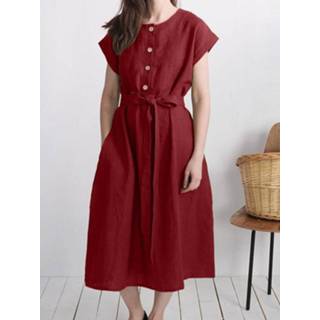 👉 Short sleeve cotton s vrouwen rood Solid Pocket Button Front Dress With Belt