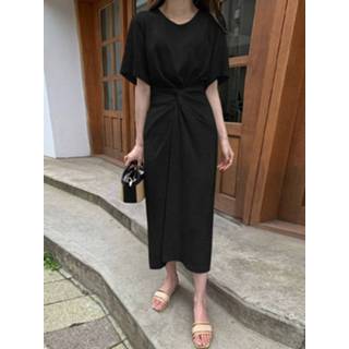 👉 Short sleeve cotton s vrouwen zwart Solid Bowknot Maxi Dress