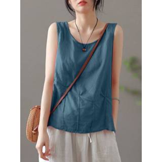 👉 Sleeveless polyester l vrouwen purper Solid Fold Pleated Crew Neck Casual Tank Top