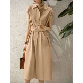 👉 Short sleeve polyester s vrouwen marine Solid Lapel Casual Dress With Belt