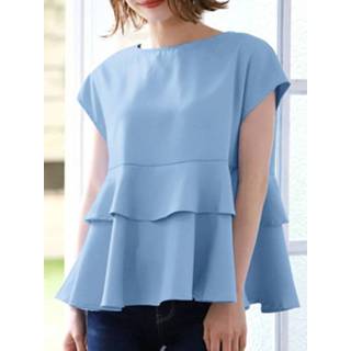 👉 Short sleeve polyester s vrouwen zwart Solid Tiered Ruffle Hem Button Back Blouse