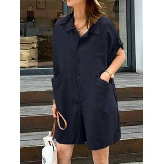 👉 Short sleeve polyester s vrouwen zwart Solid Loose Pocket Button Lapel Romper