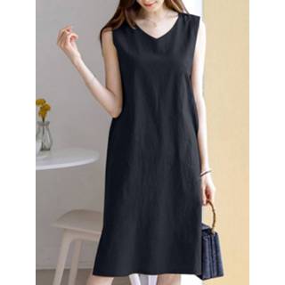 👉 Sleeveless polyester s vrouwen donkergroen Leisure Solid Slit Hem V Neck Cotton Midi Dress