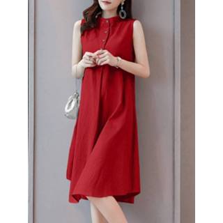 👉 Sleeveless polyester s vrouwen zwart Solid Stand Collar Button Dress For Women