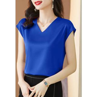 Short sleeve polyester s vrouwen zwart Satin Solid V-neck Blouse For Women