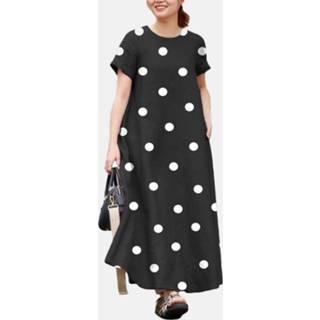 👉 Short sleeve polyester s vrouwen zwart Dot Print A-line Pocket Crew Neck Maxi Dress