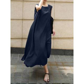 👉 Sleeveless polyester s vrouwen marine Solid Slit Hem Loose Crew Neck Casual Dress