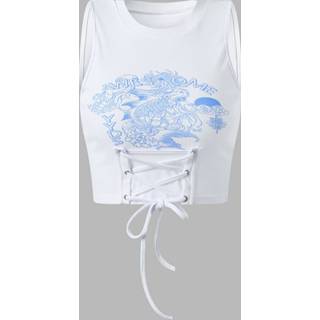 👉 Sleeveless polyester s vrouwen wit Letters Graphic Lace Up Crew Neck Crop Tank Top