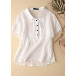 👉 Short sleeve polyester s vrouwen wit Solid Patchwork Button Lapel Casual Blouse