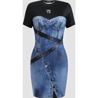 👉 Short sleeve polyester XS vrouwen blauw Denim Print Stitch Crew Neck Casual Dress