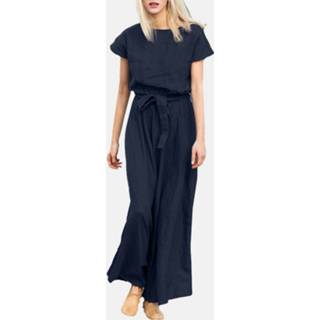 👉 Short sleeve cotton s vrouwen marine Solid Pocket Swing Maxi Dress With Belt