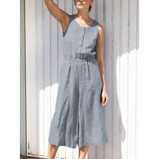 👉 Sleeveless polyester s vrouwen marine Solid Button Elastic Waist Wide Leg Jumpsuit