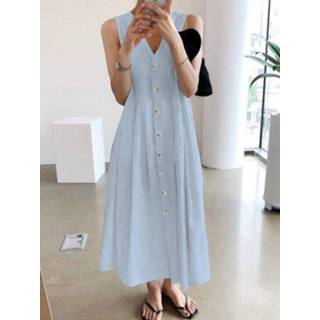 👉 Sleeveless polyester s vrouwen zwart Solid Pleated Pocket V-neck Casual Dress